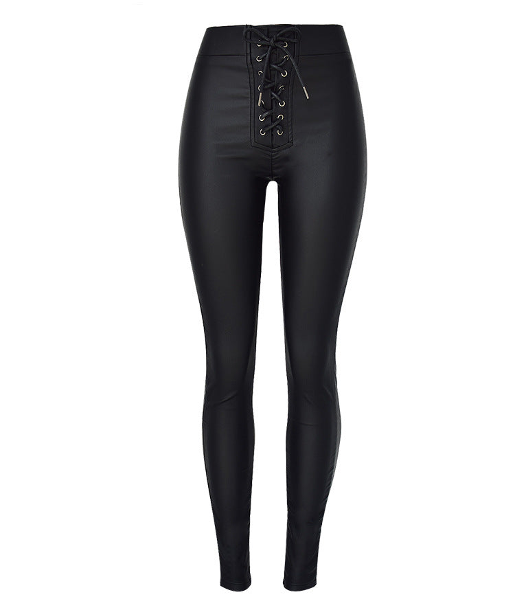 Women's Elastic Metal Open Hole Bandage Coating Imitation Jeans