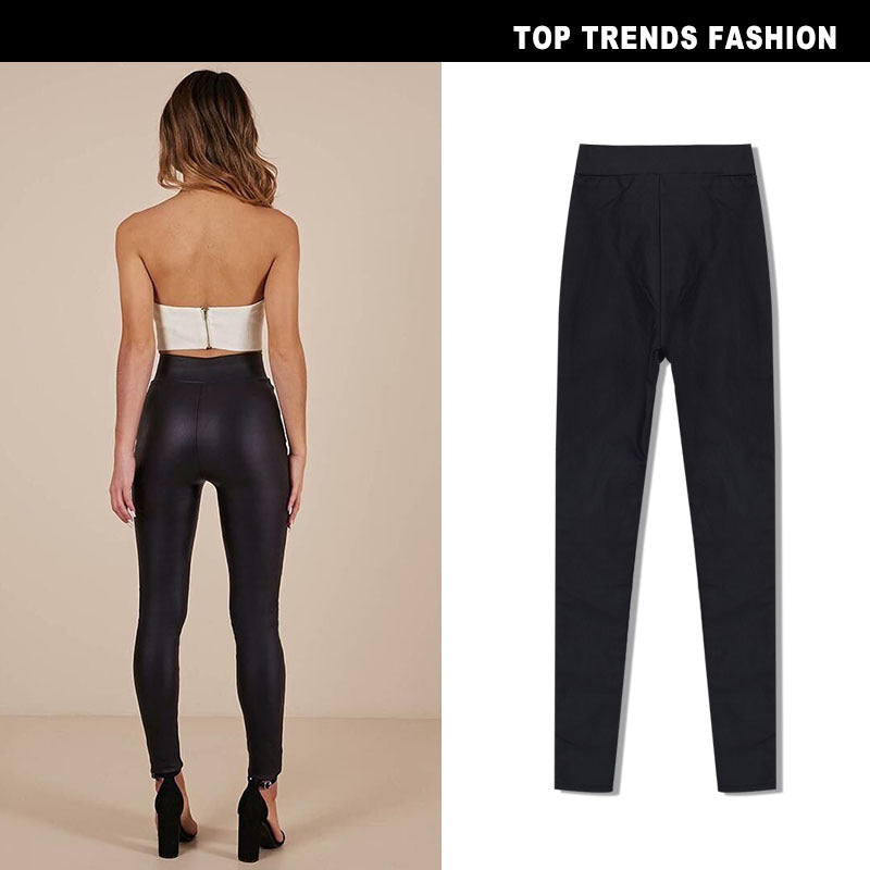 Women's Elastic Metal Open Hole Bandage Coating Imitation Jeans