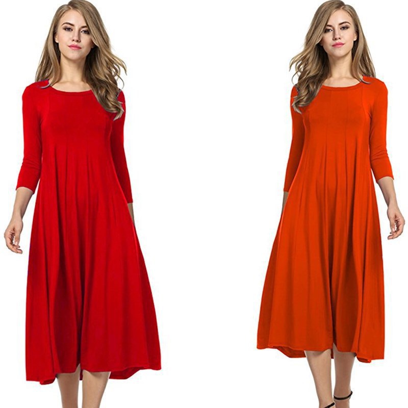 Round Neck Shirt With Half Sleeve Solid Color Dresses