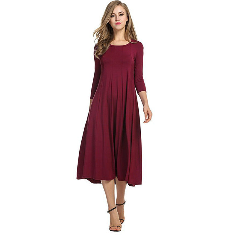 Round Neck Shirt With Half Sleeve Solid Color Dresses