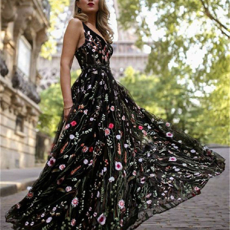 Deep V Sleeveless Embroidered Dress Slim Fit Backless Skirts