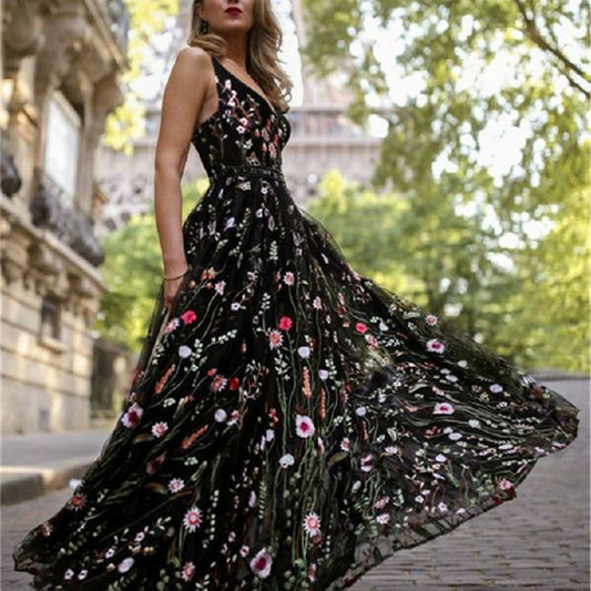 Deep V Sleeveless Embroidered Dress Slim Fit Backless Skirts