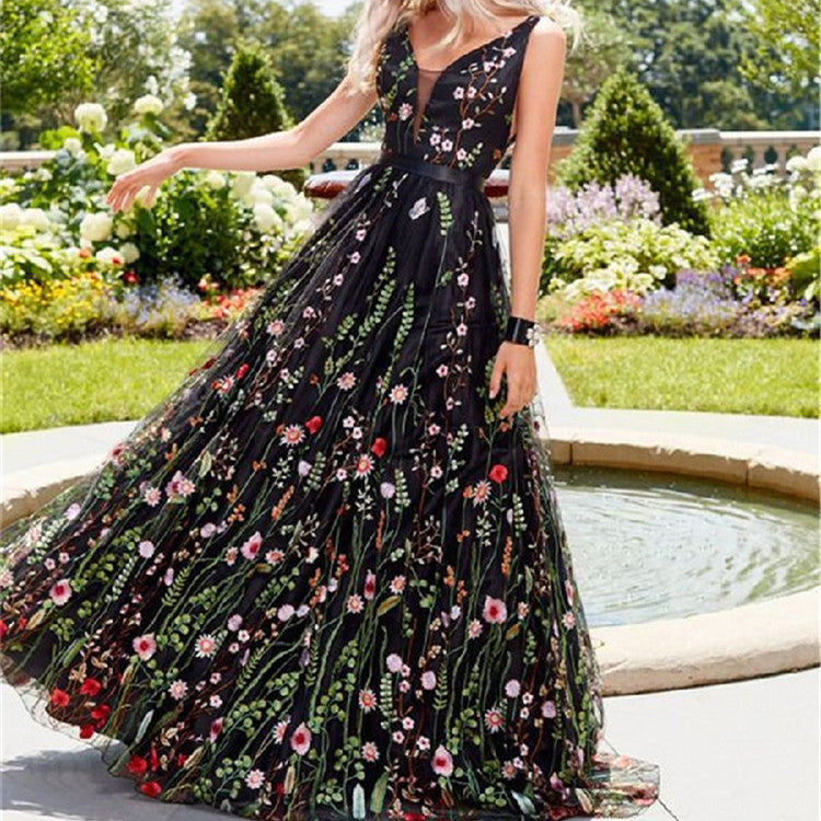 Deep V Sleeveless Embroidered Dress Slim Fit Backless Skirts