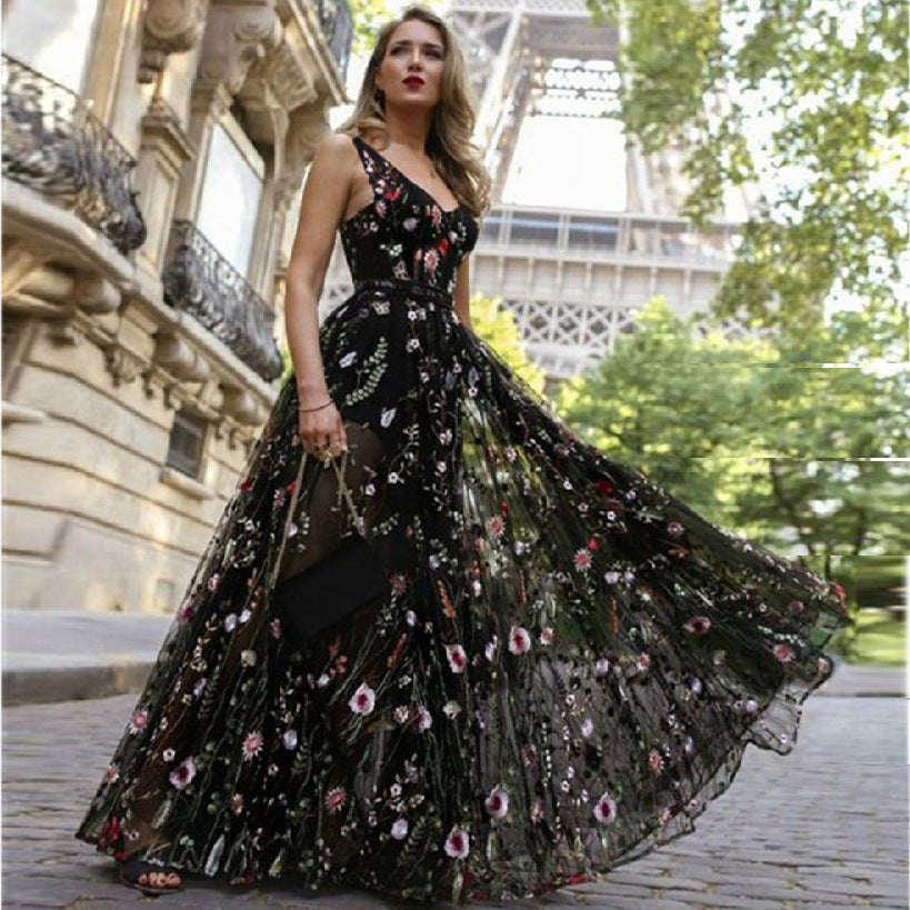 Deep V Sleeveless Embroidered Dress Slim Fit Backless Skirts