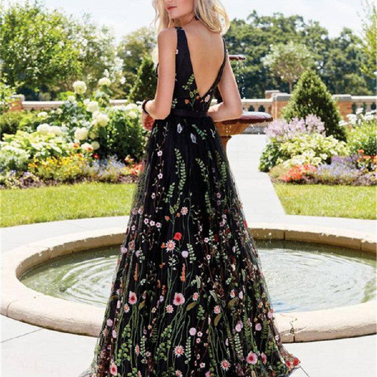 Deep V Sleeveless Embroidered Dress Slim Fit Backless Skirts