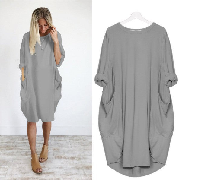 Women's Casual Loose Pockets Long Sleeve Dress Dresses