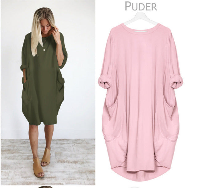 Women's Casual Loose Pockets Long Sleeve Dress Dresses
