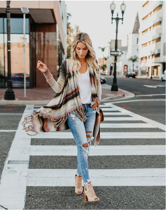 Shawl Knitted Striped Long Sleeve Tassel Sweaters