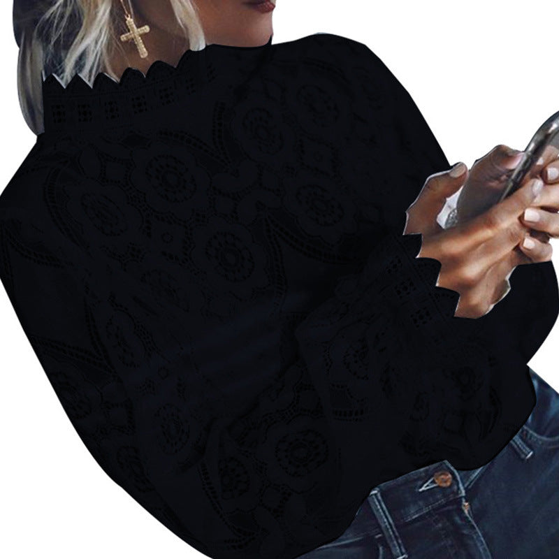 Women's Long Sleeve Stand Collar Lace Lantern Blouses