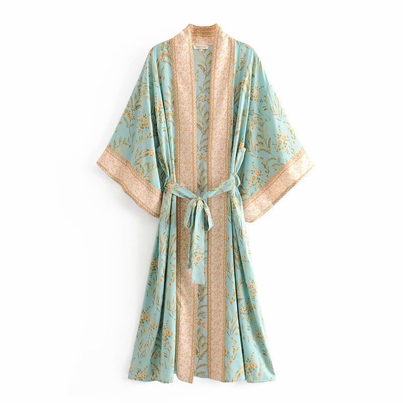 Women's Charming Turquoise Positioning Printing Kimono Coats