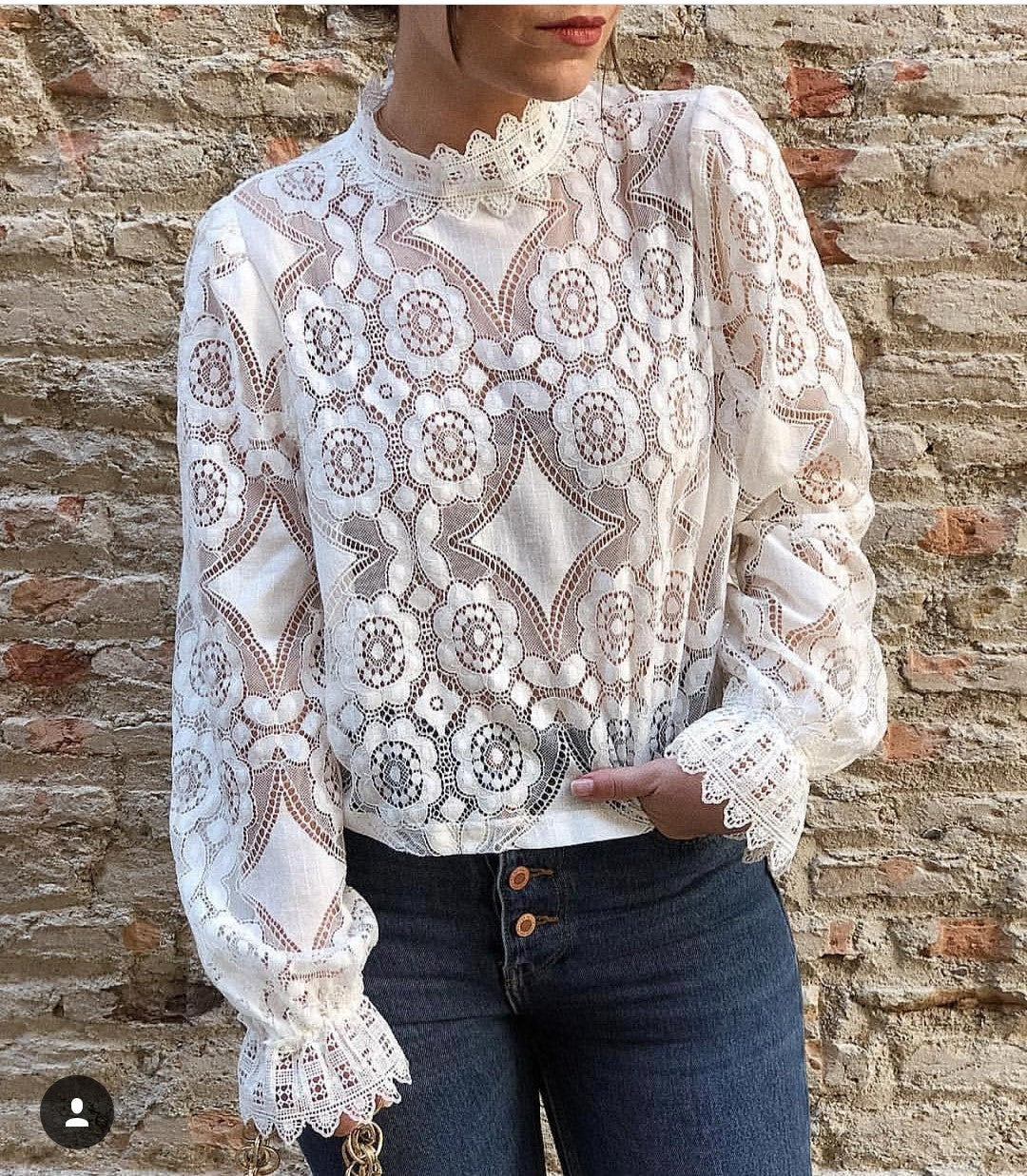 Women's Long Sleeve Stand Collar Lace Lantern Blouses