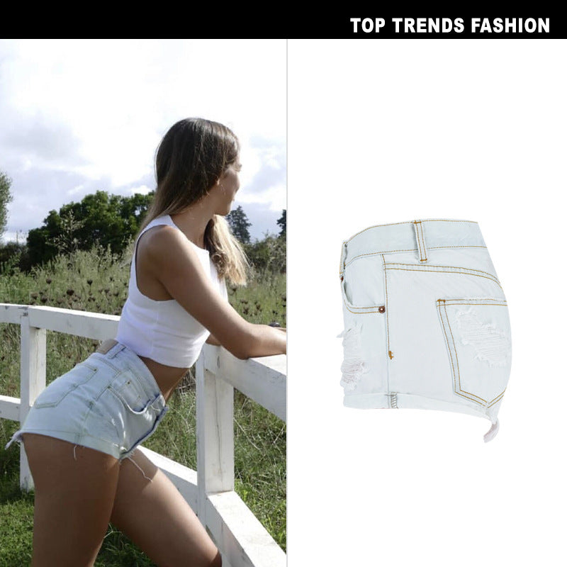 Women's High Waist Sexy Water Washed Hole Fringe Hemming Pants