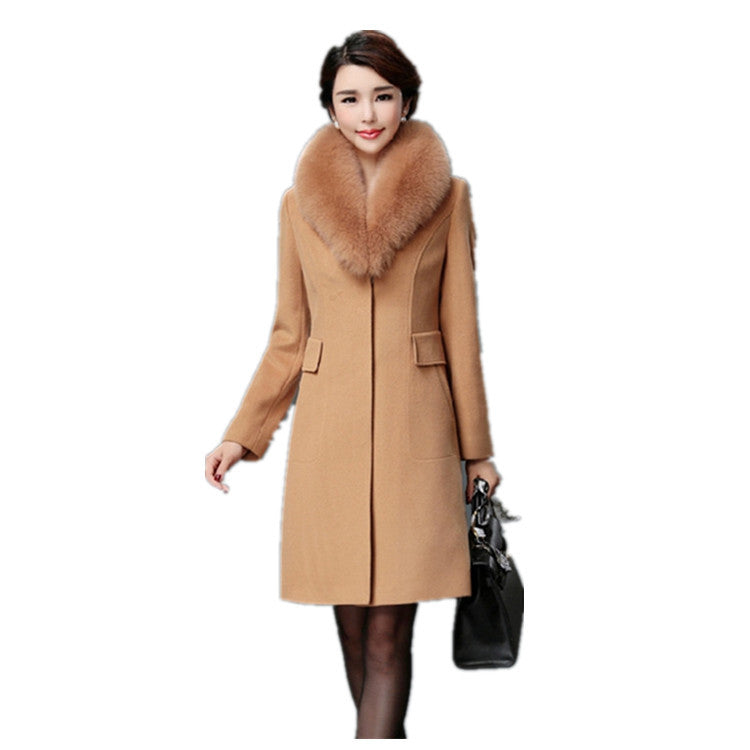 Women's Korean Style Wool Mid-length Woolen Fur Collar Trench Slim Coats