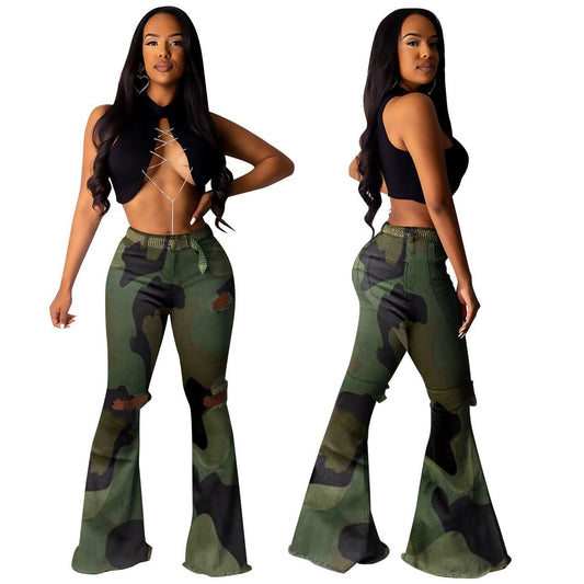Women's With Hole Bell-bottom High Elastic Fabric Clothing