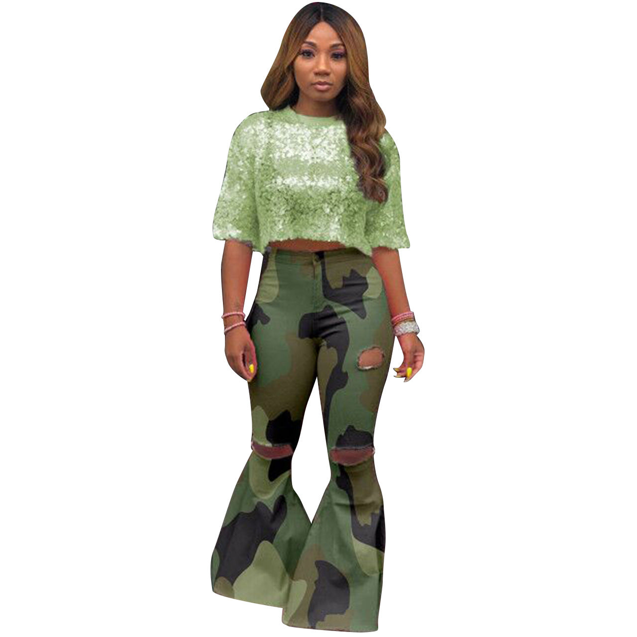 Women's With Hole Bell-bottom High Elastic Fabric Clothing