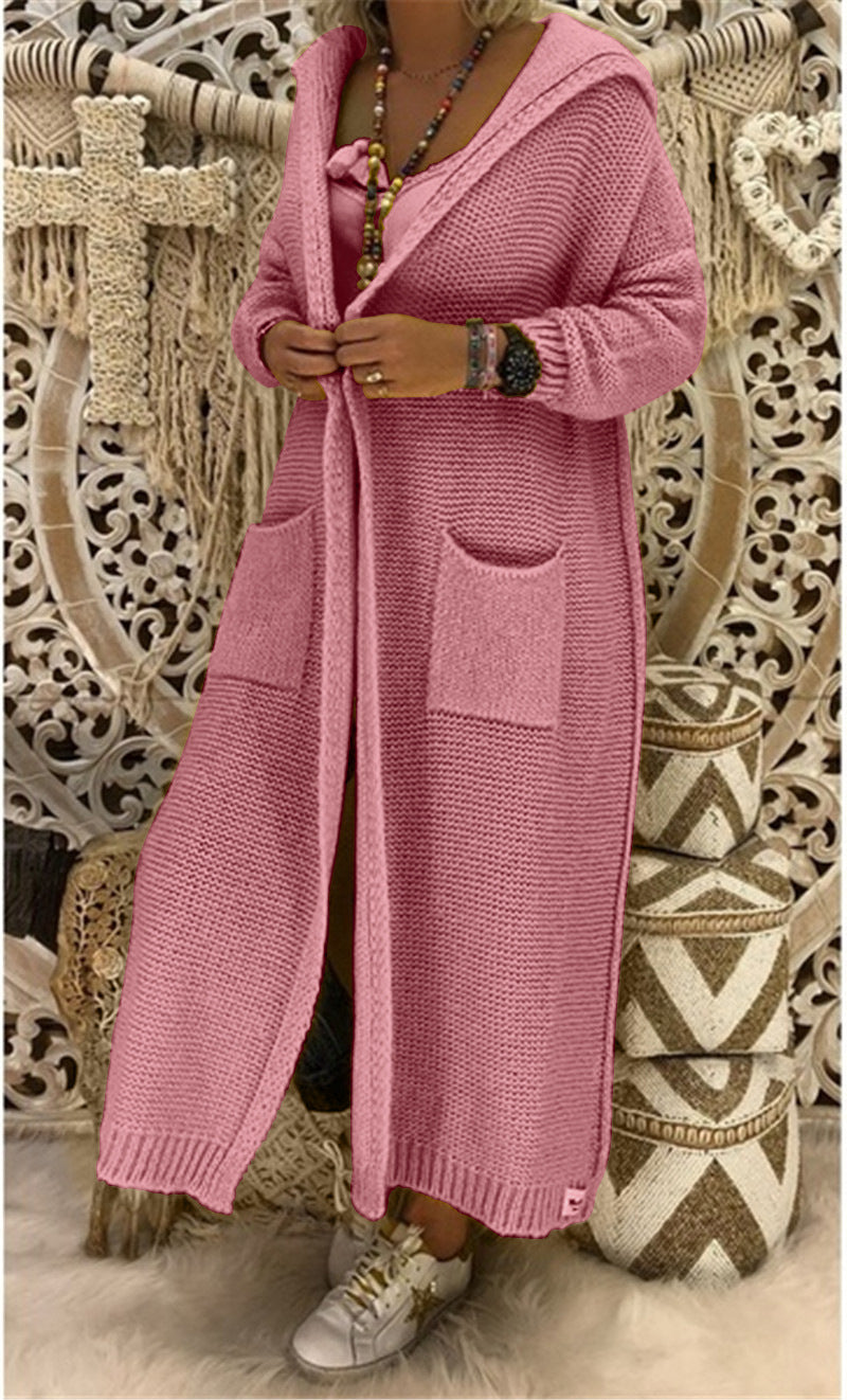 Women's Lazy Loose Long Pocket Hooded Knit Sweaters