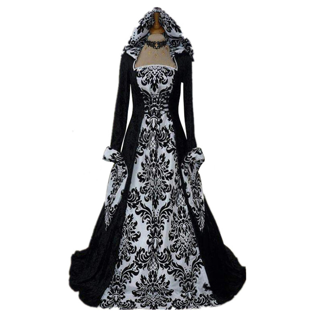 Vintage Artistic Long Sleeve Cinched Hoodie Large Swing Printed Dress
