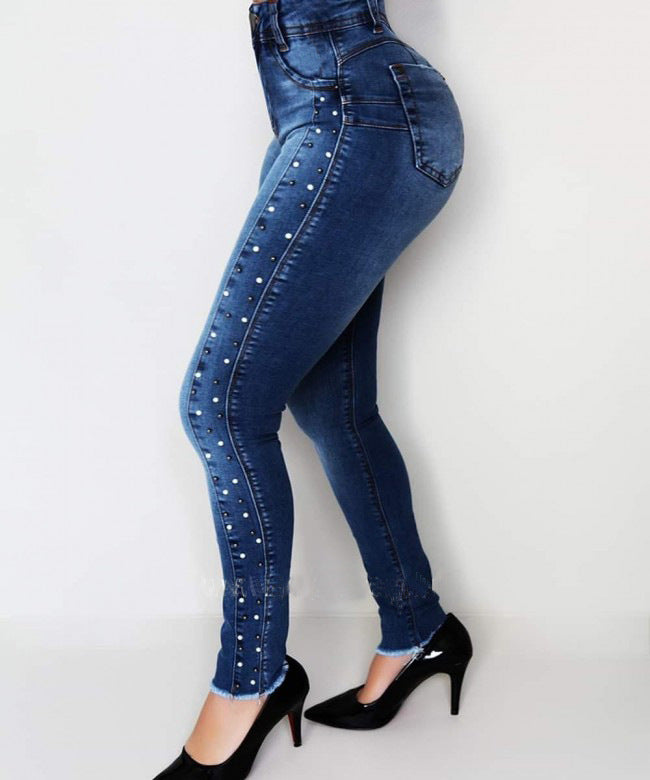 American High Waist Rhinestone Beaded Hip Jeans