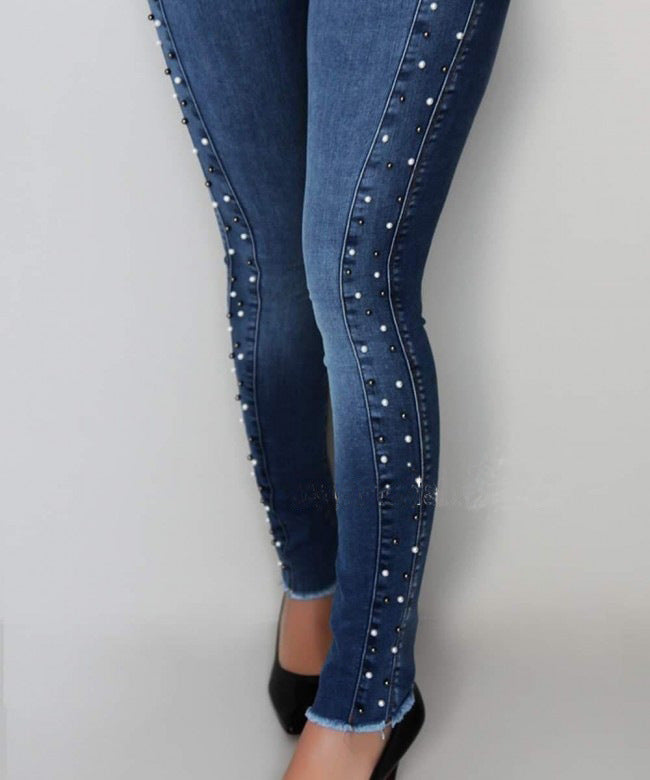 American High Waist Rhinestone Beaded Hip Jeans