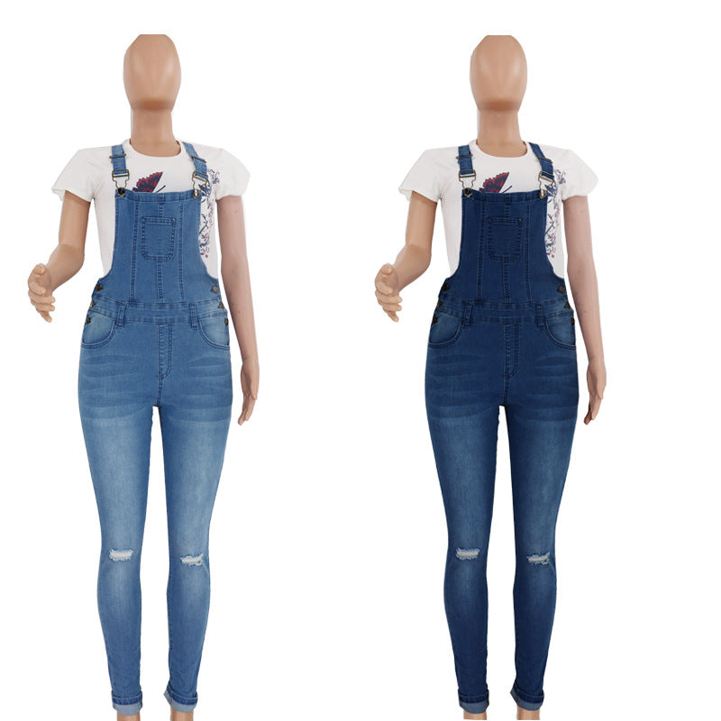 Women's Classy Classic Ripped Washed Overalls Jeans