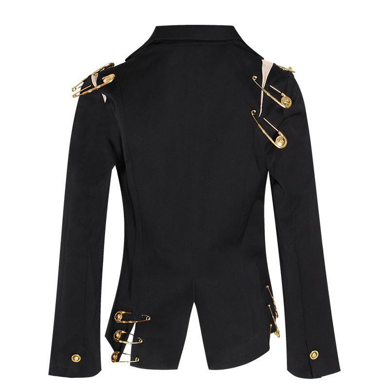 Big Pin Decorative Female Autumn Fashion Mesh Patchwork Long Suits