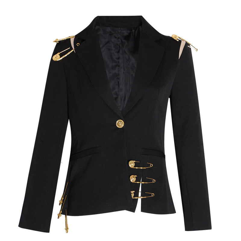 Big Pin Decorative Female Autumn Fashion Mesh Patchwork Long Suits