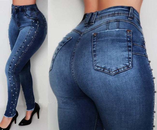 American High Waist Rhinestone Beaded Hip Jeans