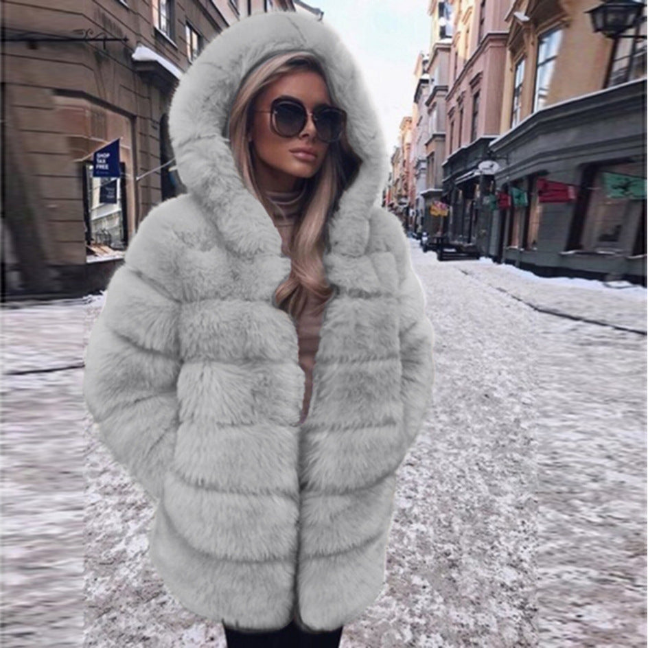 Women's Faux Fur Imitation Fox Mid-length Stitching Coats