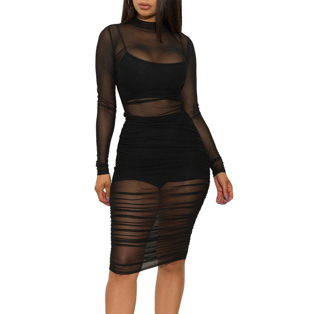 Plaid Nightclub Mesh Dress Three-piece Set Dresses