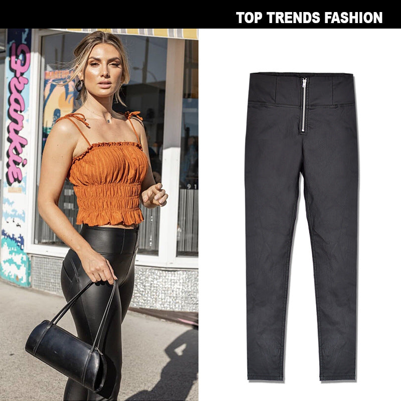 Women's Stretch Coated Faux Leather Denim Trousers Peach Underwear Jeans