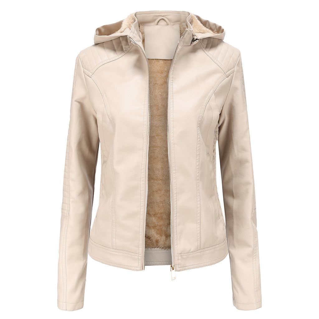 Women's Fleece-lined Leather Hooded Warm Leisure Jackets
