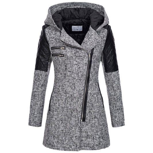 Women's Mid-length Hooded Loose Oblique Zipper Woolen Coats