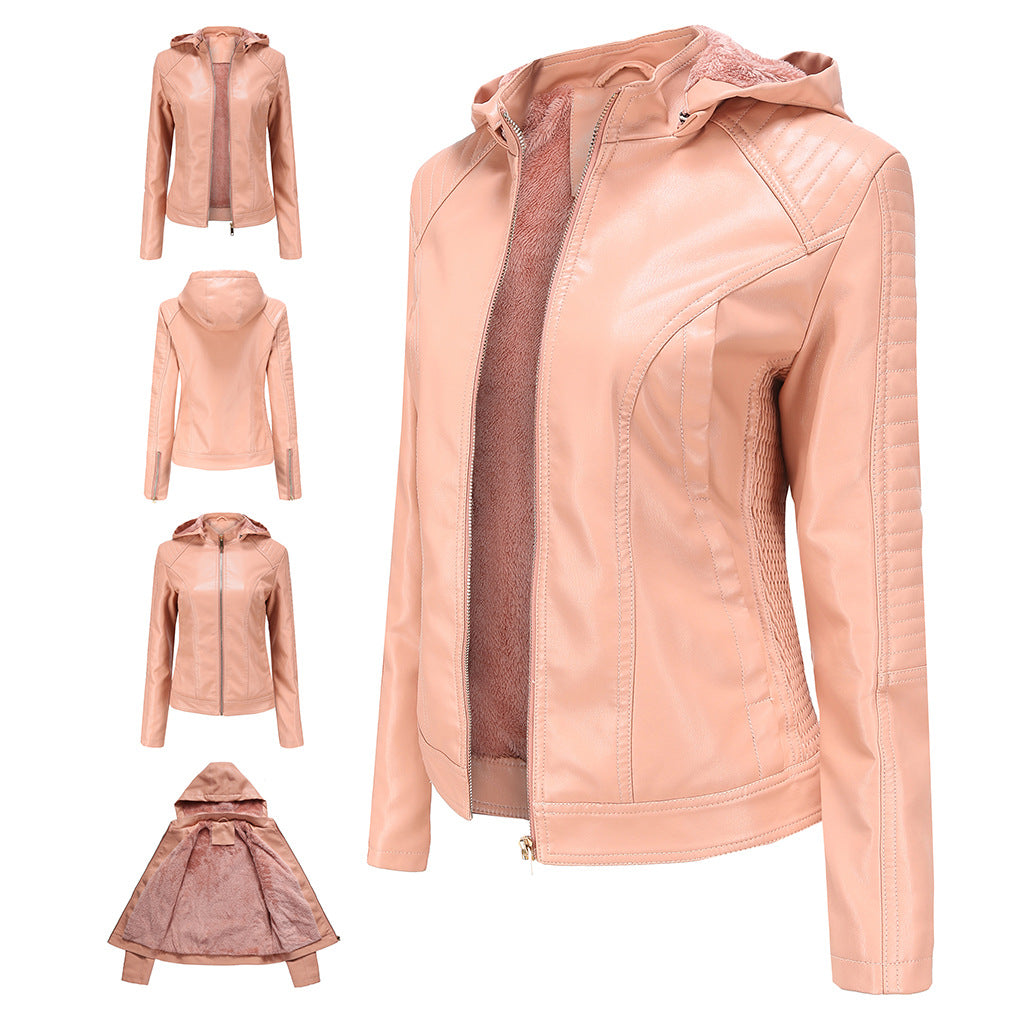 Women's Fleece-lined Leather Hooded Warm Leisure Jackets