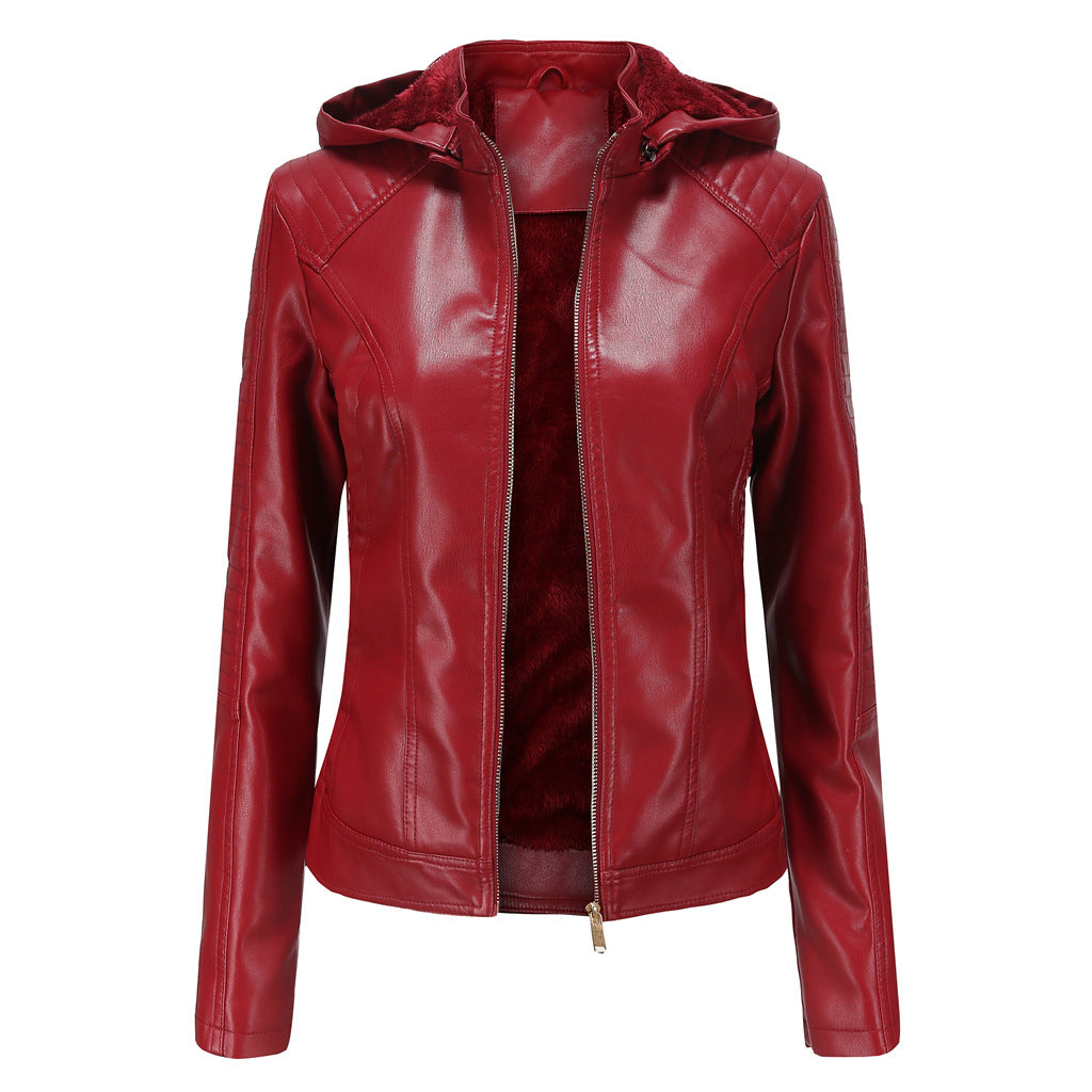 Women's Fleece-lined Leather Hooded Warm Leisure Jackets