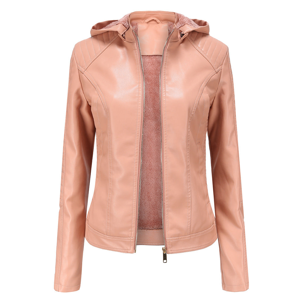 Women's Fleece-lined Leather Hooded Warm Leisure Jackets