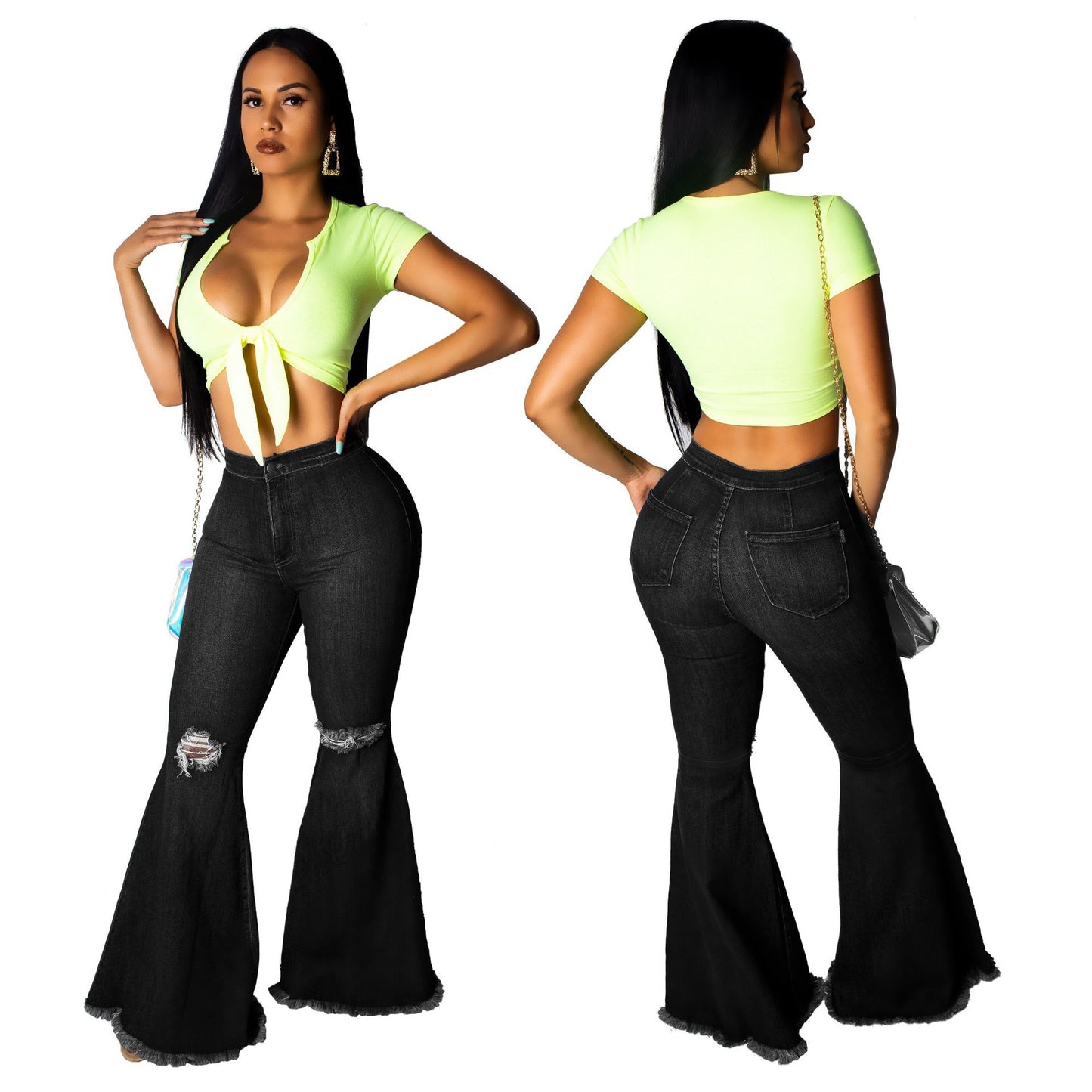 Fashion Wide Leg Knee Ripped Denim Jeans