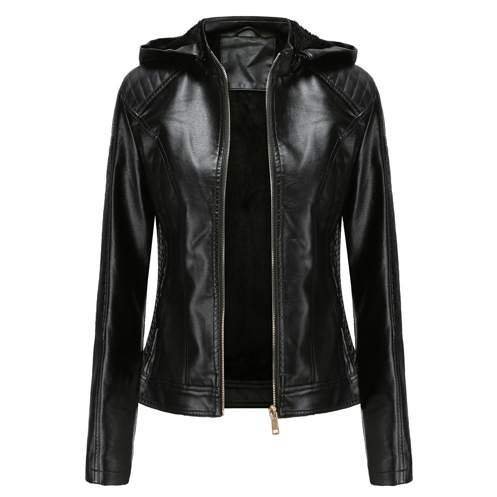Women's Fleece-lined Leather Hooded Warm Leisure Jackets