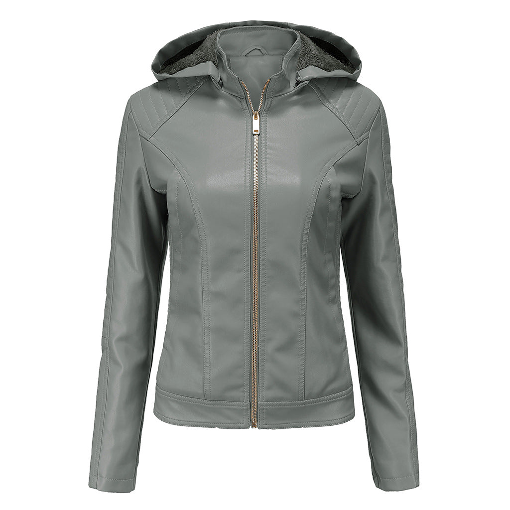 Women's Fleece-lined Leather Hooded Warm Leisure Jackets