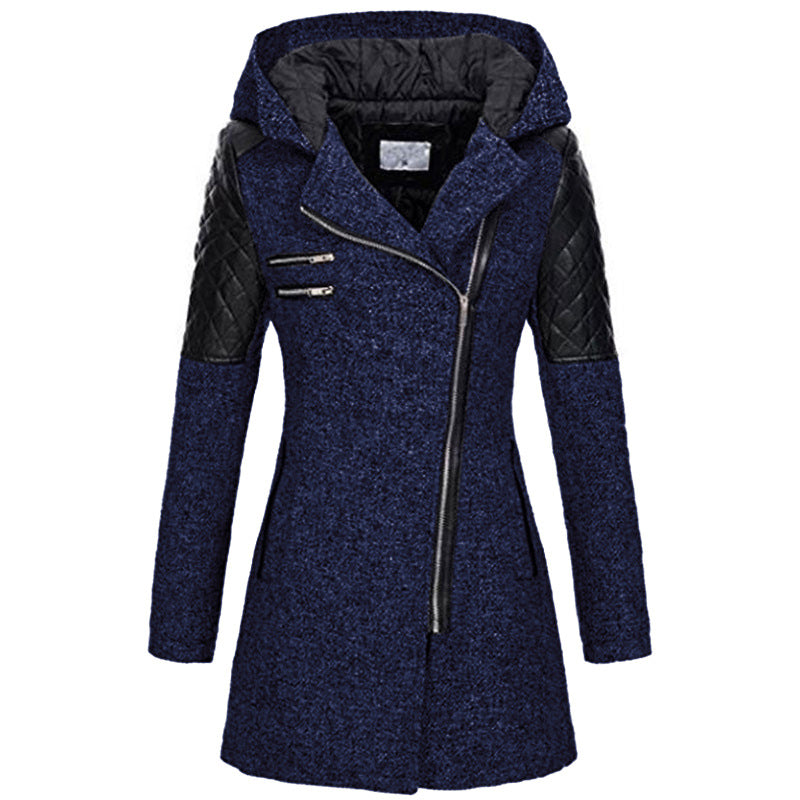 Women's Zipper Hooded Thickened Thermal Woolen Mid-length Coats