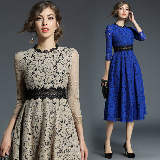 Women's Out Stitching Lace Dress Female Mid-length Dresses