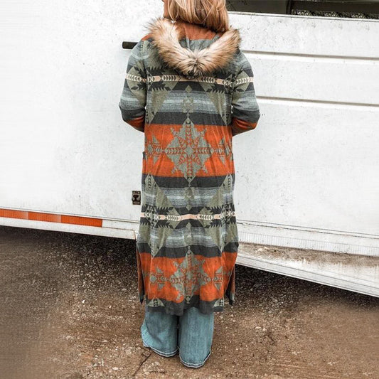 Women's Winter Fur Collar Long Sleeve Printed Coats