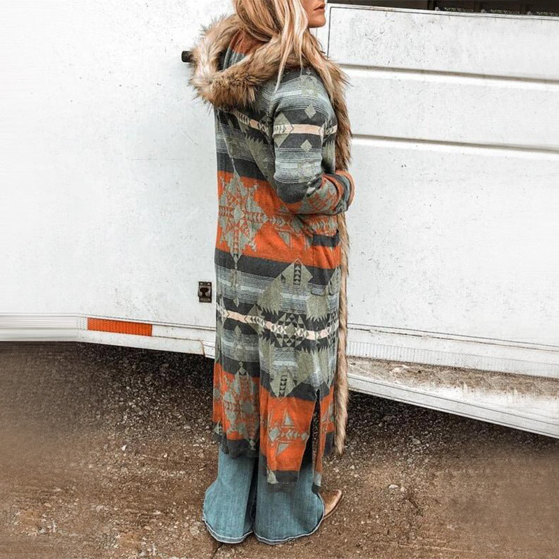 Women's Winter Fur Collar Long Sleeve Printed Coats