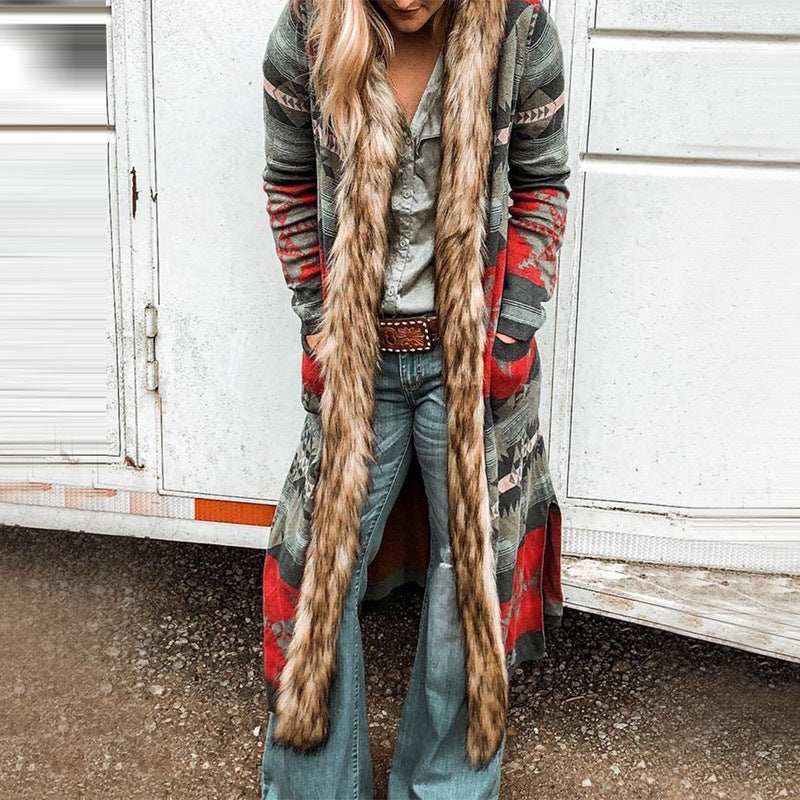 Women's Winter Fur Collar Long Sleeve Printed Coats