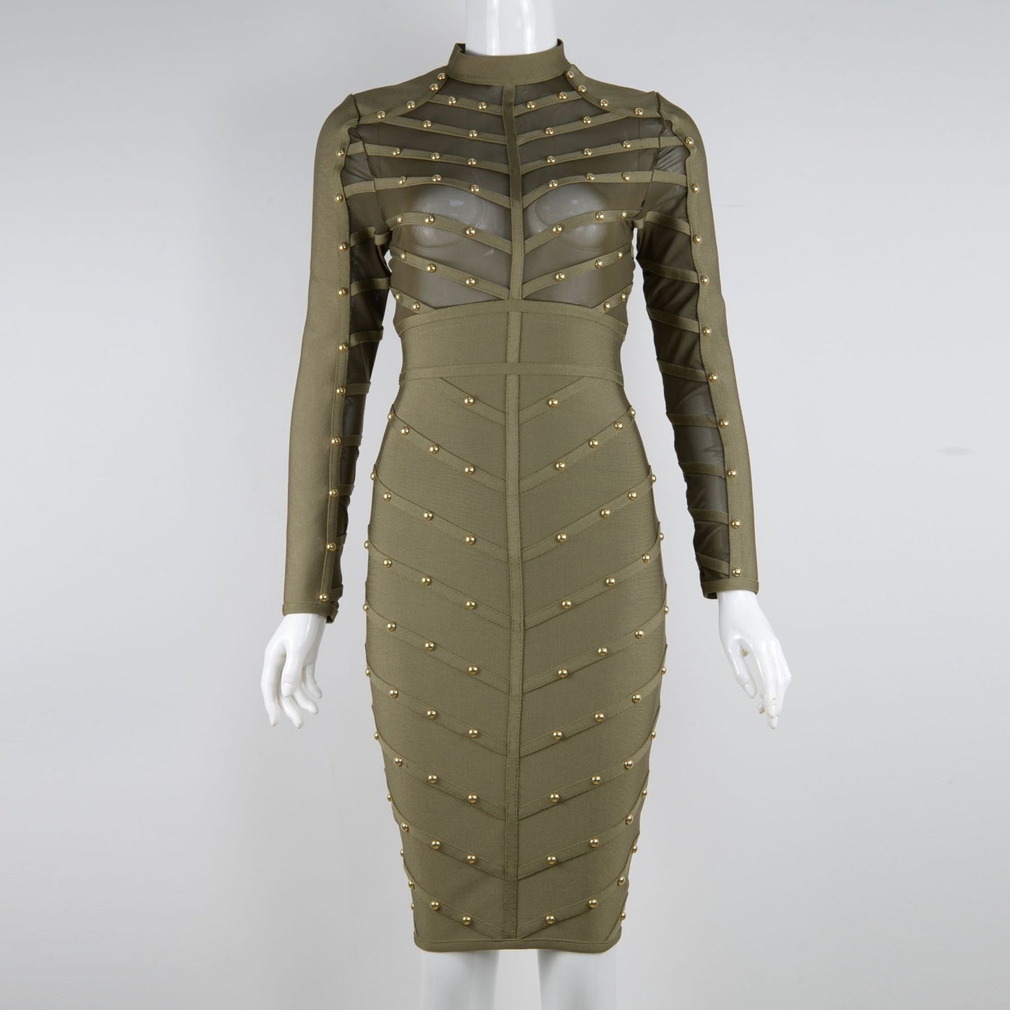 Women's Nail Mesh Long-sleeved Dress Bandage One-piece Dresses
