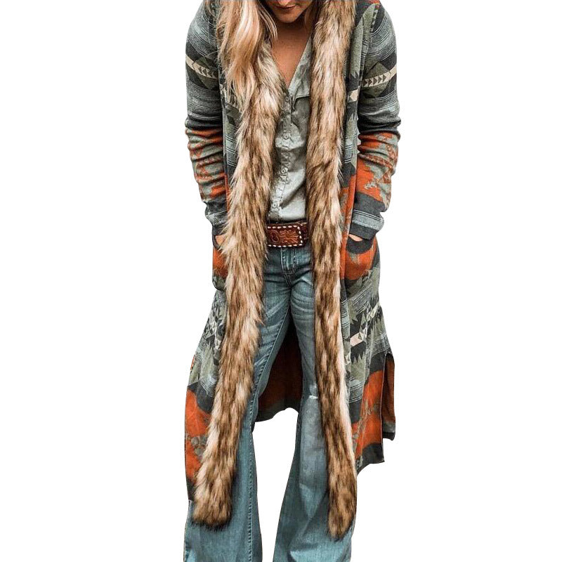 Women's Winter Fur Collar Long Sleeve Printed Coats