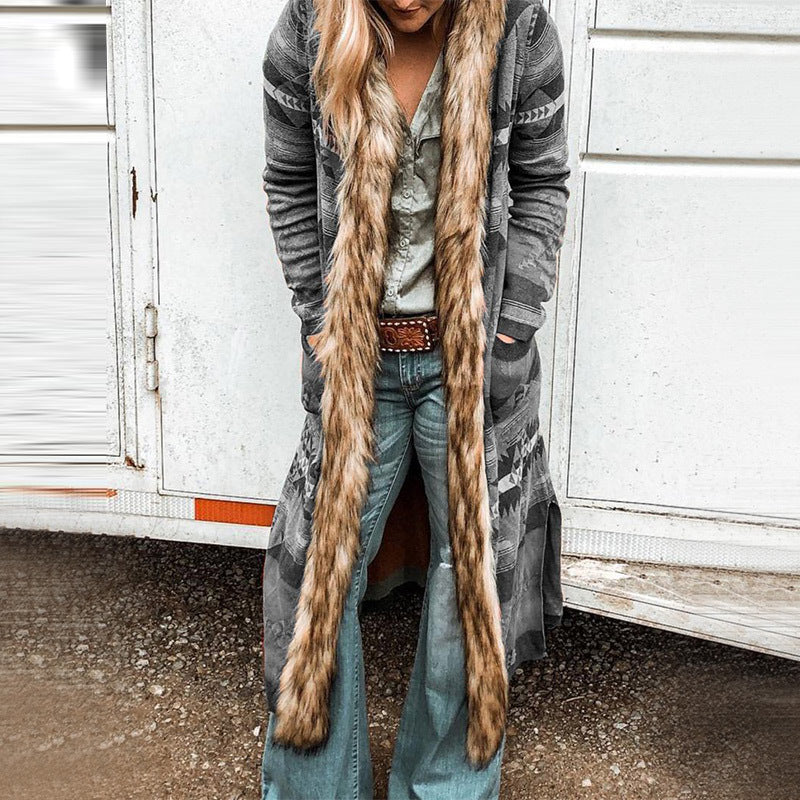 Women's Winter Fur Collar Long Sleeve Printed Coats