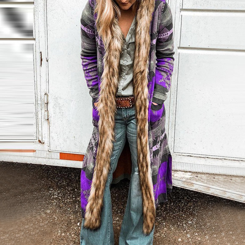 Women's Winter Fur Collar Long Sleeve Printed Coats