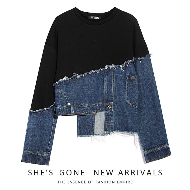 Women's Personality Asymmetric Washed Denim Stitching Loose Sweaters