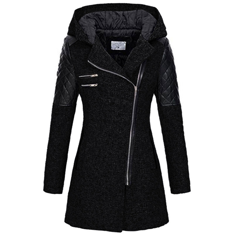 Women's Mid-length Hooded Loose Oblique Zipper Woolen Coats