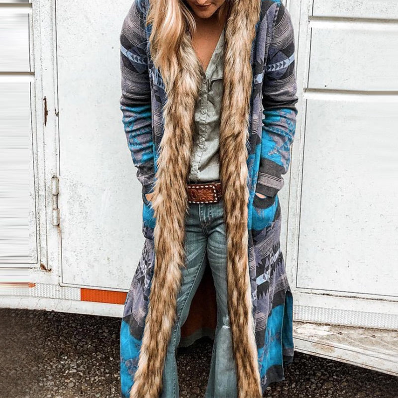 Women's Winter Fur Collar Long Sleeve Printed Coats